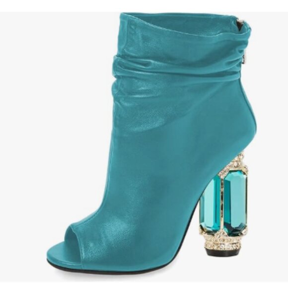 FSJ Turquoise Peep Toe Slouch Ankle Boots Chunky Stacked Heels Party Prom Shoes - Picture 1 of 8